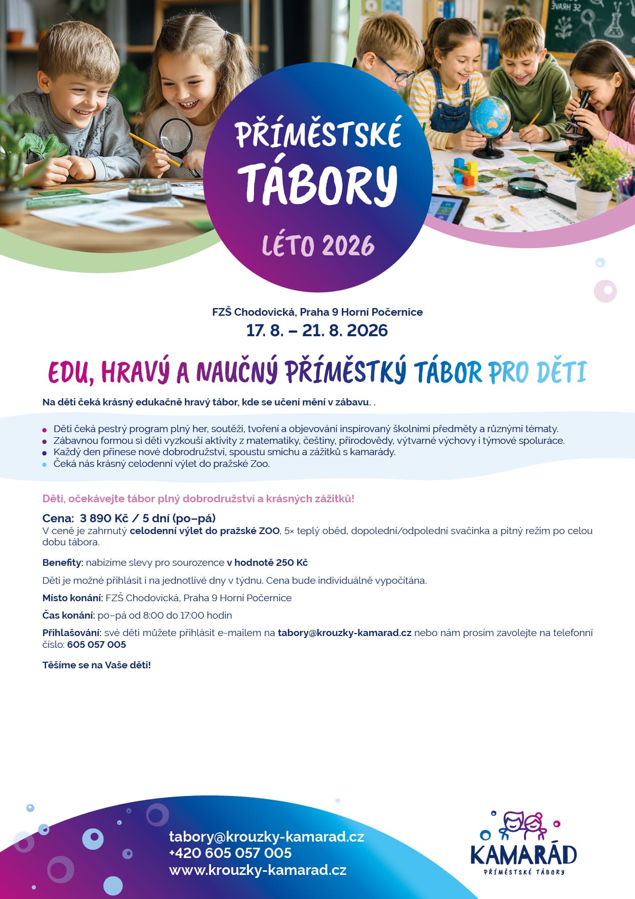 Plakát edu, hravého a naučného příměstského tábora Léto 2026